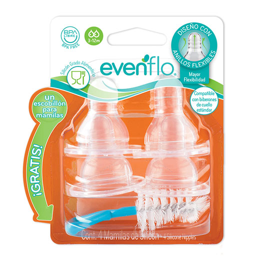 [E2432] Chupo Cuello Estándar 4und + Escobillón Flujo Medio Evenflo